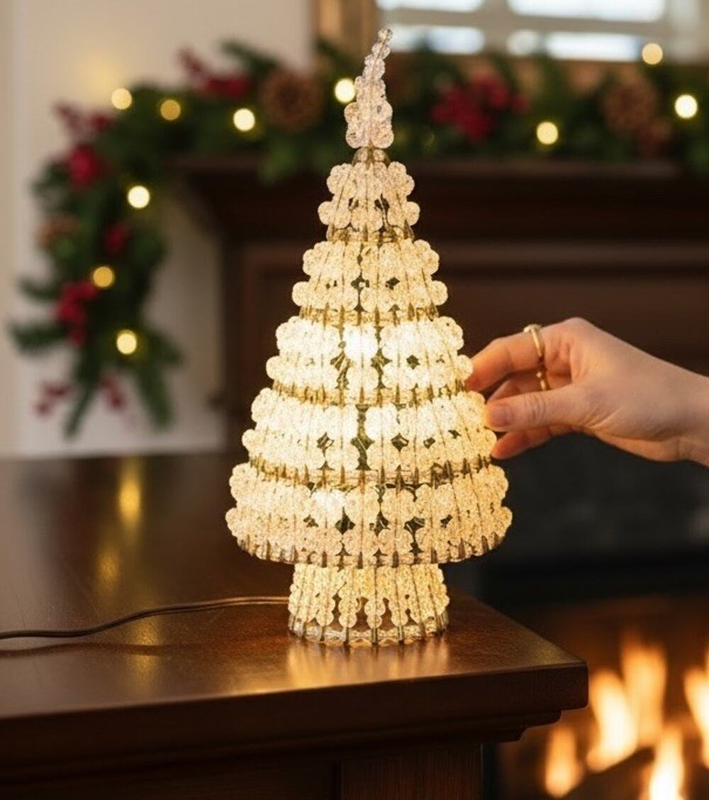 Vintage Gold Safety Pin Christmas Tree Clear Beads Handcrafted 14” Lighted Works